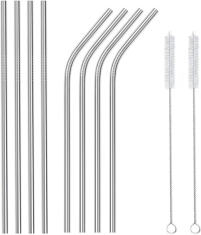 Stainless Steel Straws, ESYN 8 pcs Set 8.5" Reusable Metal Drinking Straws, Made of Premium Food Grade 304 Stainless Steel, 2 Flexible Cleaning Brush Included, Best Gift Idea (8, Stainless_Steel)