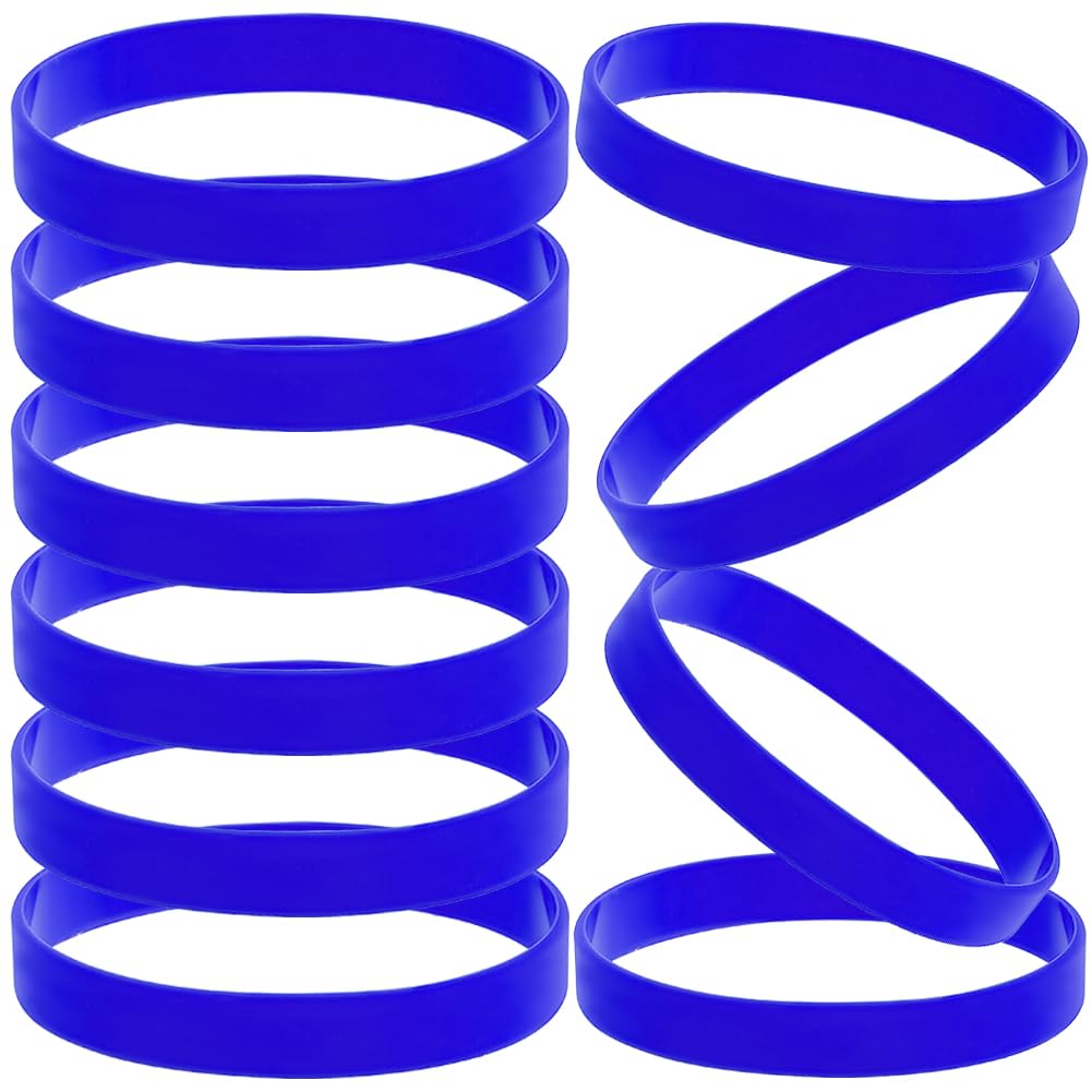 CREATCABIN 10Pcs Blue Silicone Wristbands Rubber Bracelets Blank Sports Wristbands Bulk Stretch Plain Solid Color Silicone Elastic Bracelet for Adult Men Women Teams Party Gifts 2.4x0.5 Inch