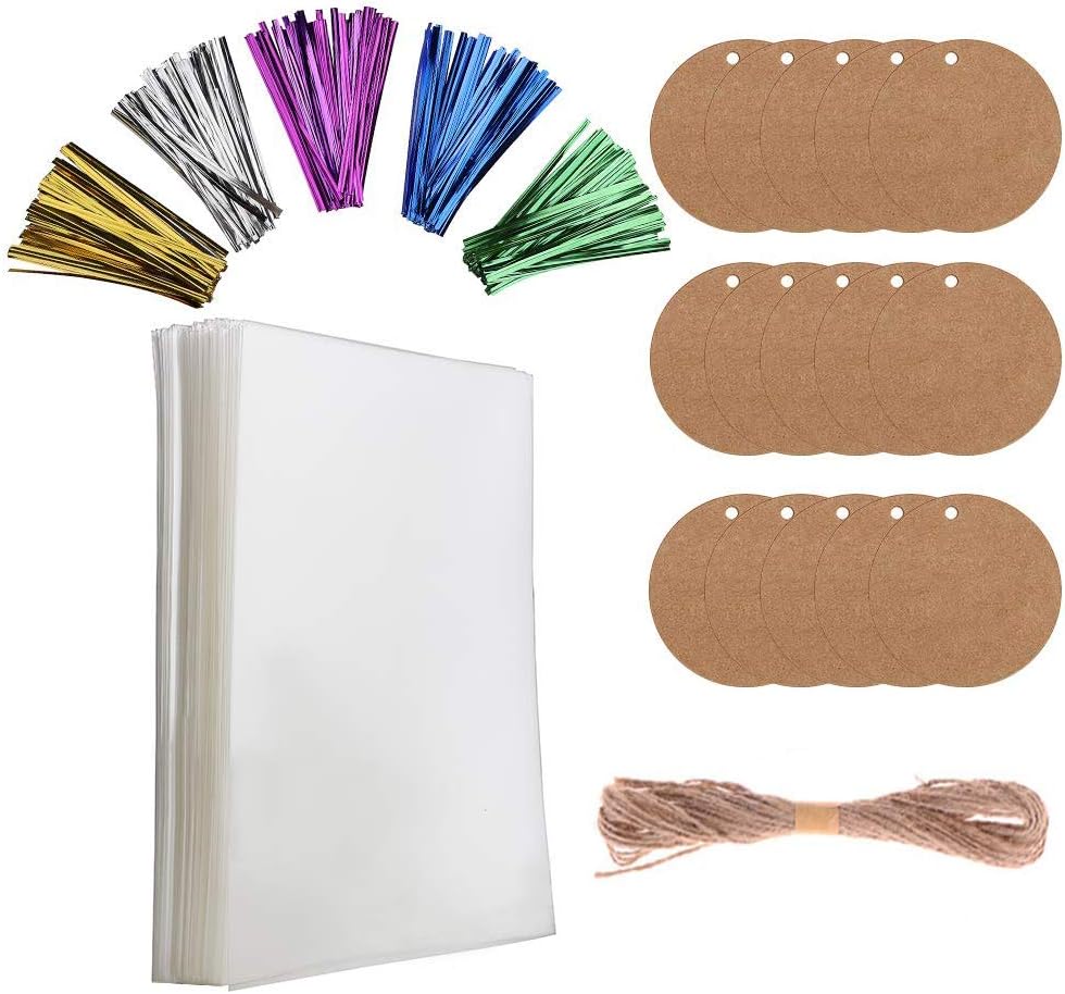 Wosilan 200 Cellophane Bags 5''x7'' with 200 Twist Ties and 15 Gift Tags - Clear Treat Bags Sweet Bags for Kids Party Cookie Chocolate Pops Gift Candy Buffet Supplies