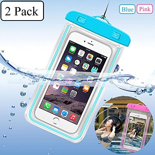 iPhone Waterproof Case,Waterproof Bag,2 Pack Noctilucent Cellphone Underwater Dry Pouch Waterproof Cases Cover for iPhone 7 7Plus 6S 6SPlus up to 5.8'' - Blue,Pink