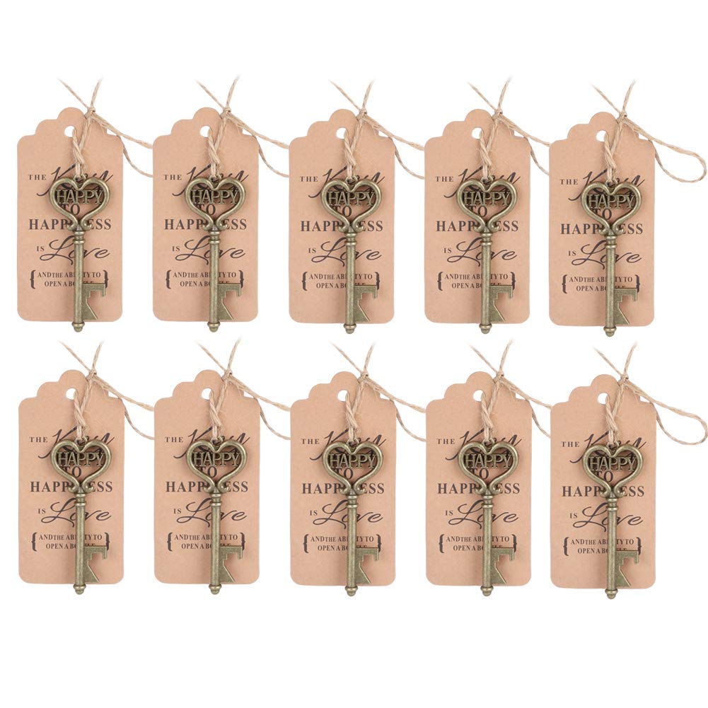 HERCHR 10Pcs Bottle Openers Vintage Keys Bottle Openers with Paperboard Tag Cards,Keychain Rustic Wedding Favors Bridal Shower Party Favors Decoration