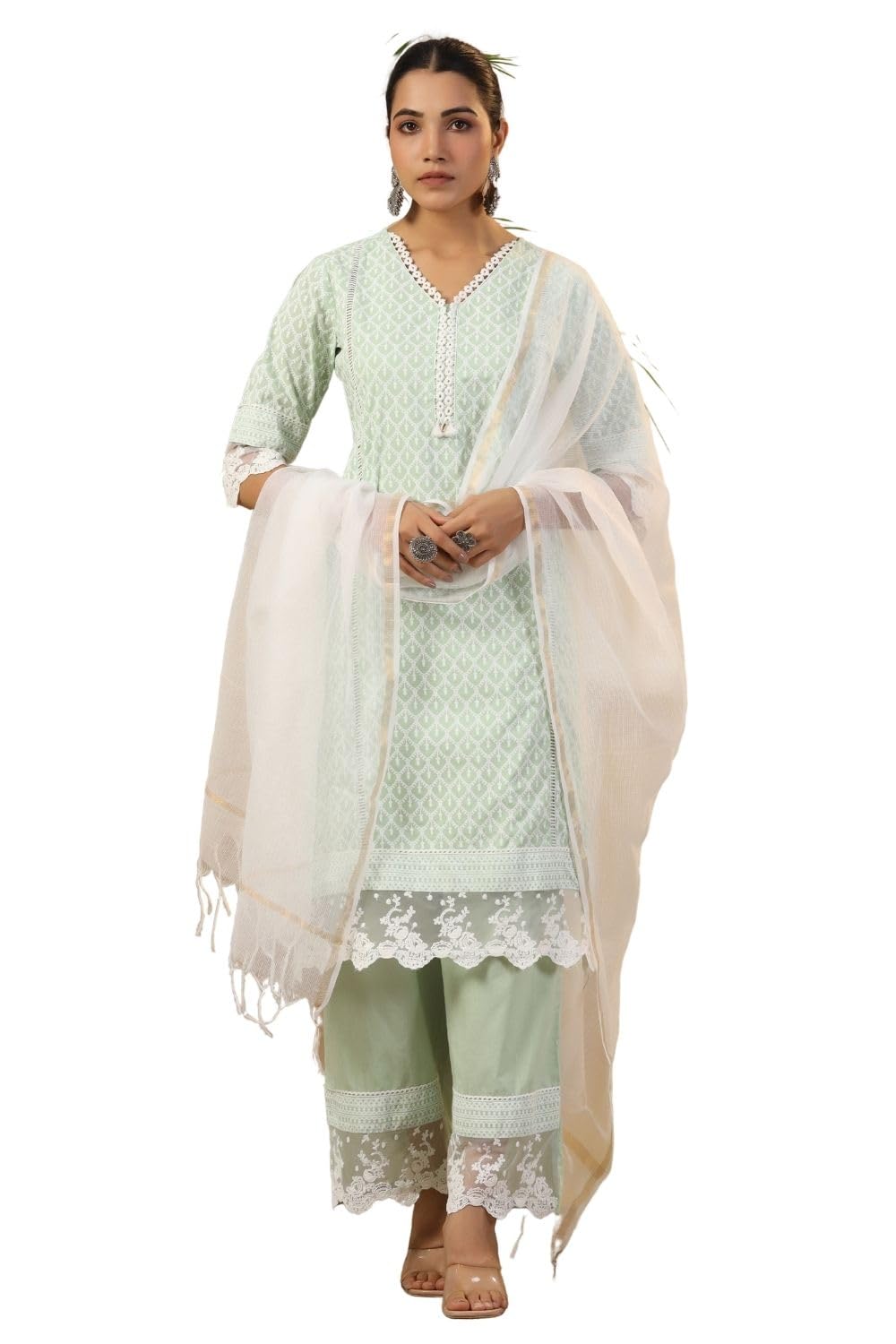 Juniper The Rooh Mint Ethnic Print & Lacy Pure Cotton Kurta & Palazzo Set With Lining & Kota Doria Dupatta for women