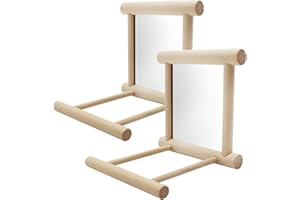XUNGIETO 2PCS Bird Mirror with Perch Stand, Wooden Parrot Toy Interactive Swing Hanging Play for Parakeet Budgies Cockatiel Conure Finch Lovebird African Grey Amazon Cockatoo