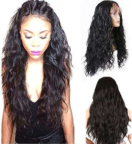 Helene Glueless Lace Front Wig Swiss Lace Part Handmade Natural Water Wave Long Synthetic Wigs For Women Heat Resistant High Temperature Fiber Natural Hairline with Baby Hair (22 Inches Black Color)