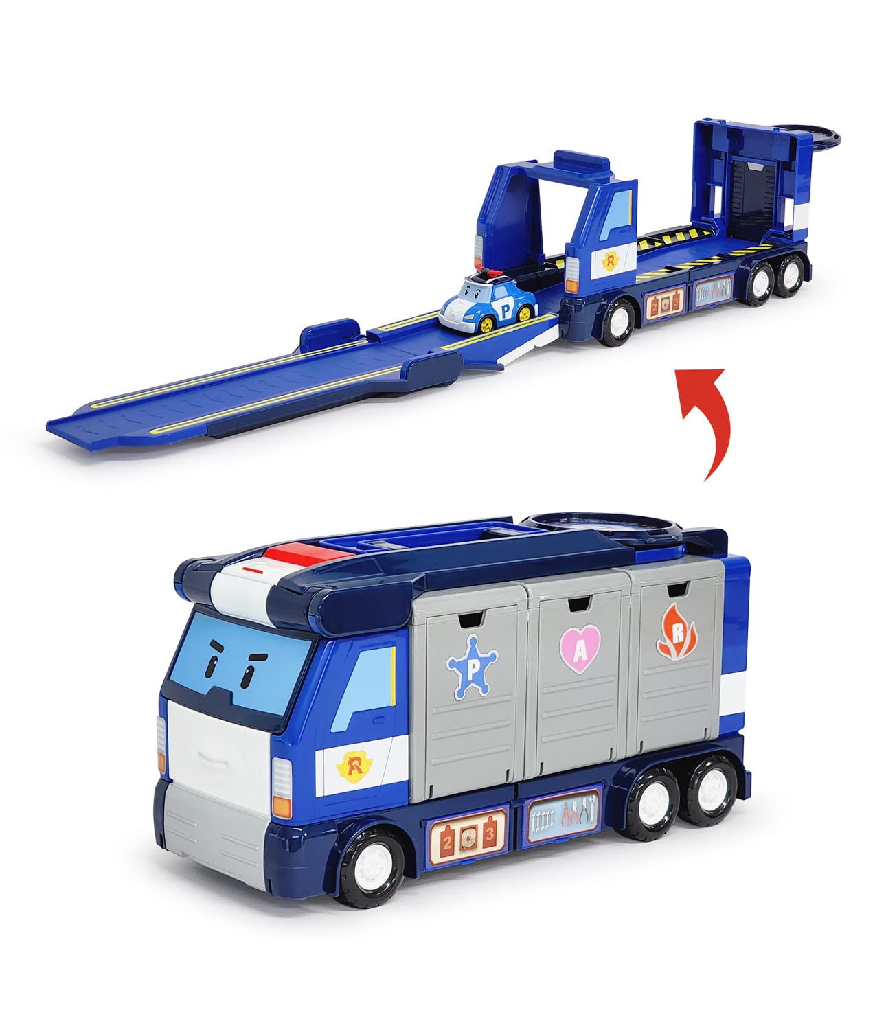 Robocar Poli Toys, Mobile Headquarters, 3-in-1 Transforming Police HQ Trailer Truck Toy with Vehicle Launchers & 1 Poli Die-Cast Car, Kids Toys for Ages 3 and up