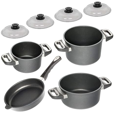 AMT Topfset Aluguss antihaft-beschichtet 8-teilig mit 1 Bratentopf 2 Kochtöpfe 1 Bratpfanne inkl. Glasdeckel - ohne Induktion