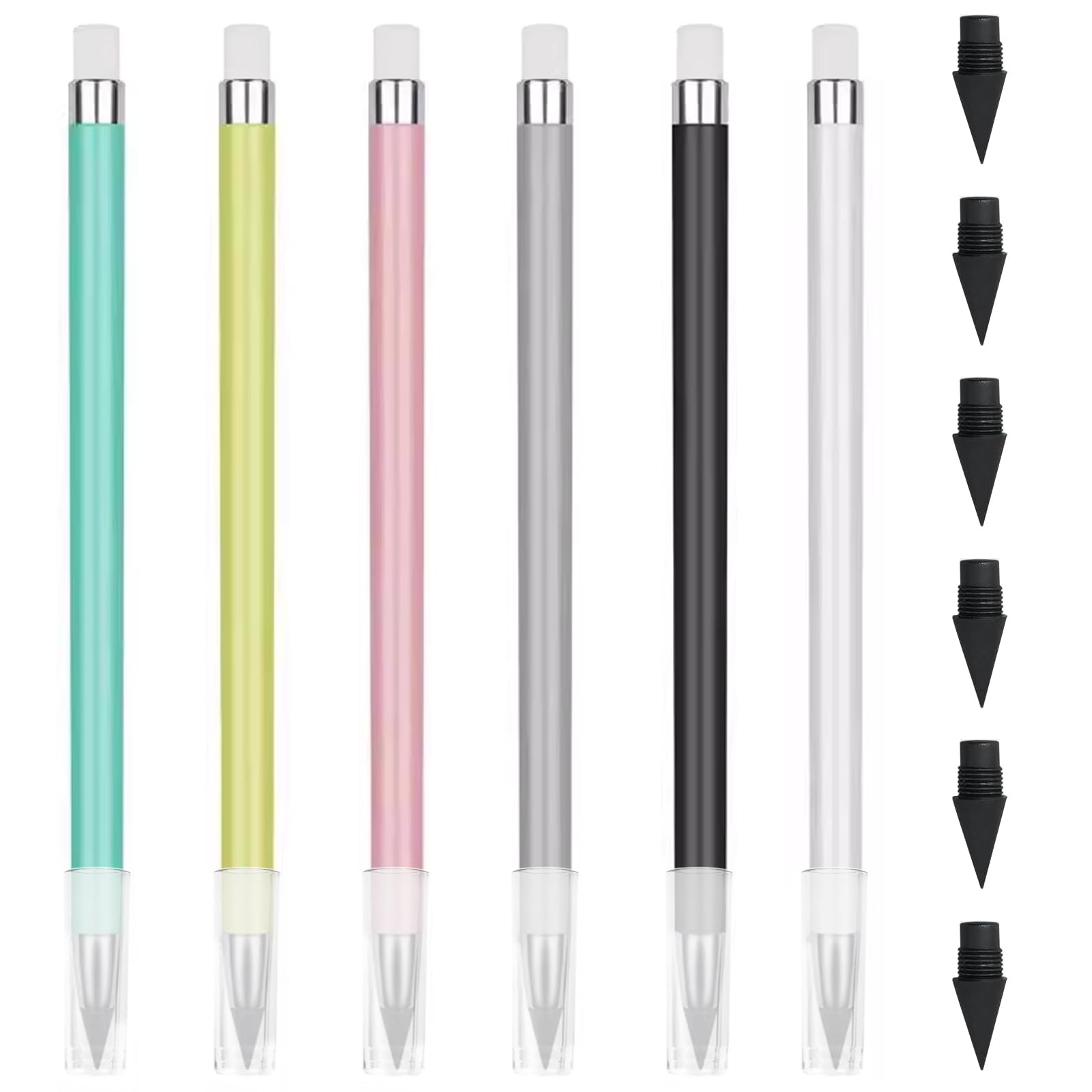 Zytnix Infinity Pencil 6-Pack with 6 Replacement Tips: Everlasting, Inkless Writing Pencils in Assorted Colors with Erasers