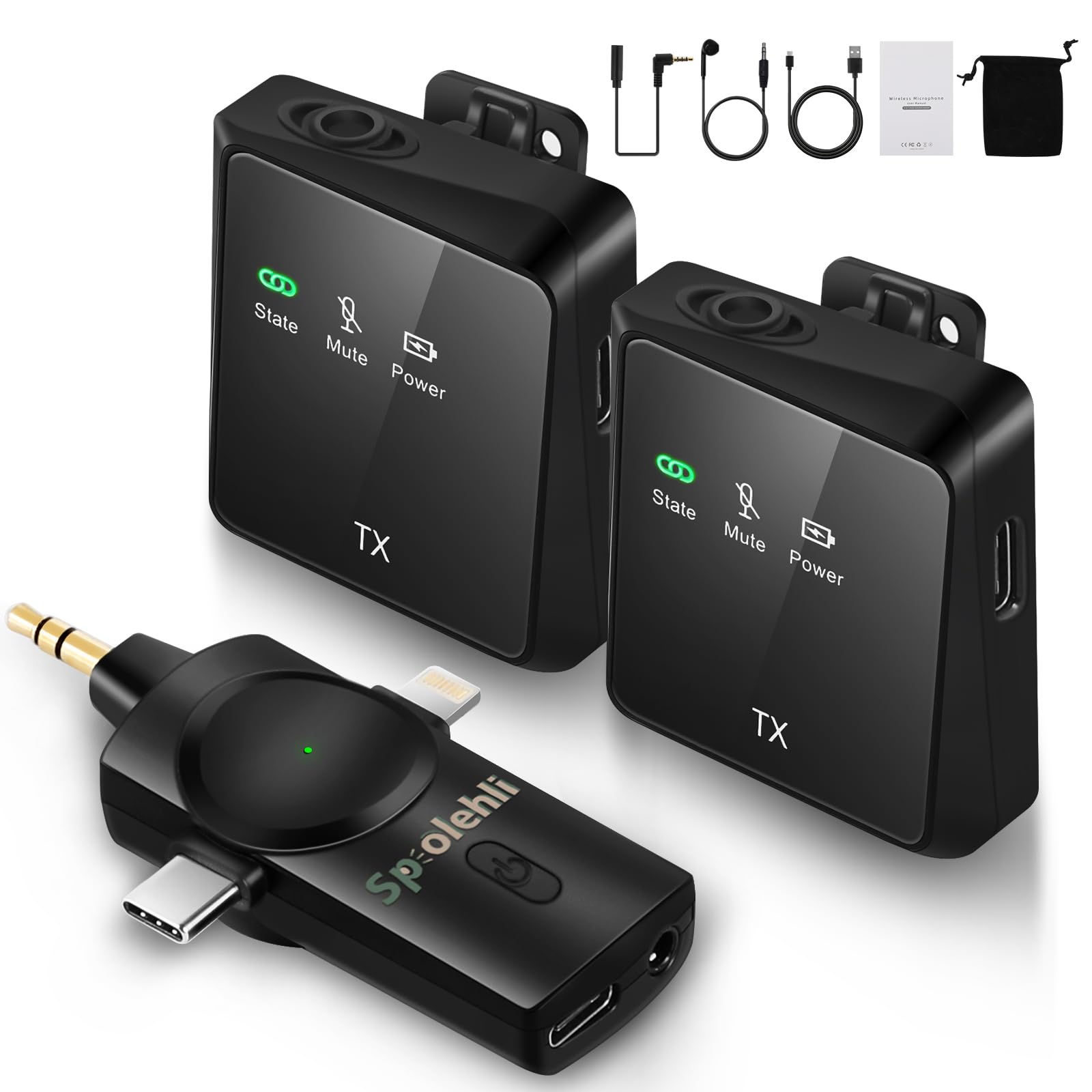 Spolehli Wireless Lavalier Microphone with 3-in-1 Interface Compatible with iPhone/Type-C/Camera/Laptop, 2.4G Wireless Mic with 120M Ultra-long Receiving Distance for Video Recording/YouTube