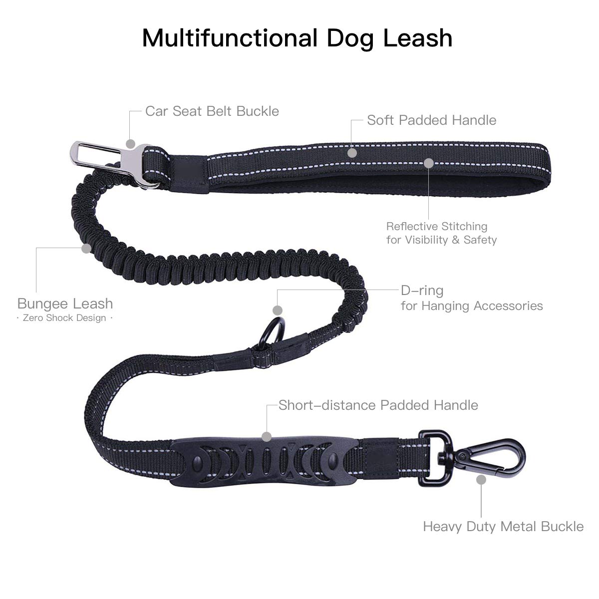 Loki Loki Bungee Dog Leash with Car Seat Buckle, Improved Comfort and Safety Bungee Dog Leash - 2 Soft Padded Handles, Reflective Threads, Max. 6FT Durable Leash