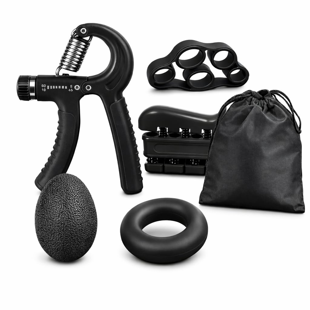 eBoutik - Hand Grip Strengthener Kit Gym Set - 5 Piece Professional Training Hand Strength Rehabilitation Set - Stress & Anxiety Fidget Gadget - Adjustable Grip Strength Trainer 5-60KG (Black)