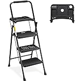 HBTower 3 Step Ladder with Tool Tray, Folding Step Stool with Wide Non-Slip Pedal and Comfort Handgrip for Household and Offi