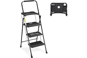 HBTower 3 Step Ladder with Tool Tray, Folding Step Stool with Wide Non-Slip Pedal and Comfort Handgrip for Household and Office, Lightweight 500lbs Capacity Step Ladder, Black