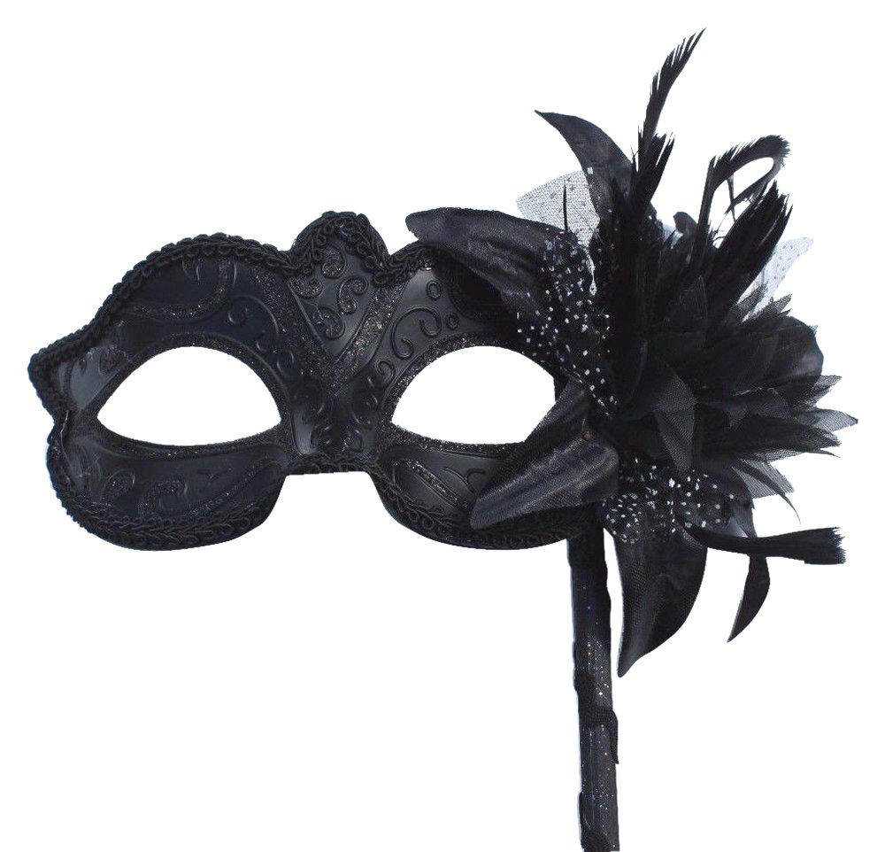 VENETIAN MASQUERADE PARTY EYE MASK WITH FLOWER ON A STICK MIDNIGHT BLACK