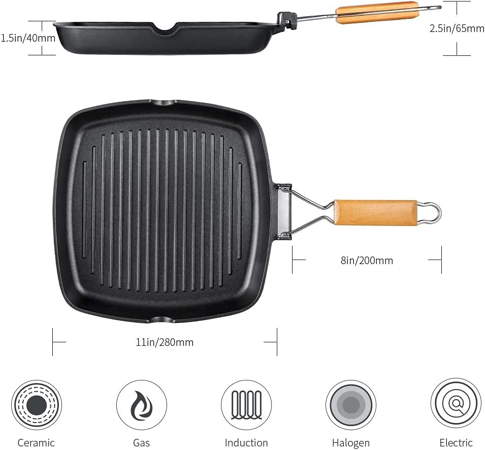 SKY LIGHT Grill Pan, 11 inch Portable Nonstick Frying Pan for Steak, Fish and BBQ, 3.5 mm Forged Deep Square Griddle Pan with Easy Grease Draining, Filter, Folding Handle Induction Skillets: Kitchen & Dining