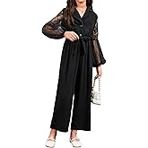 WDIRARA Girl's Floral Lace Mesh Bishop Long Sleeve Button Front Belted Jumpsuit Pants