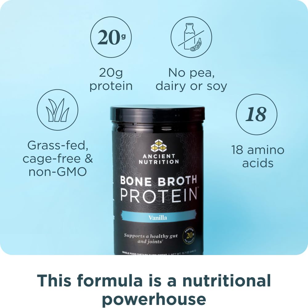 Ancient Nutrition Grass Fed, Cage Free, Bone Broth Protein Powder, 20g Protein, Hydrolyzed Collagen Peptides, Keto & Paleo Friendly, Supports Joint, Gut Health, Vanilla, 20 Servings