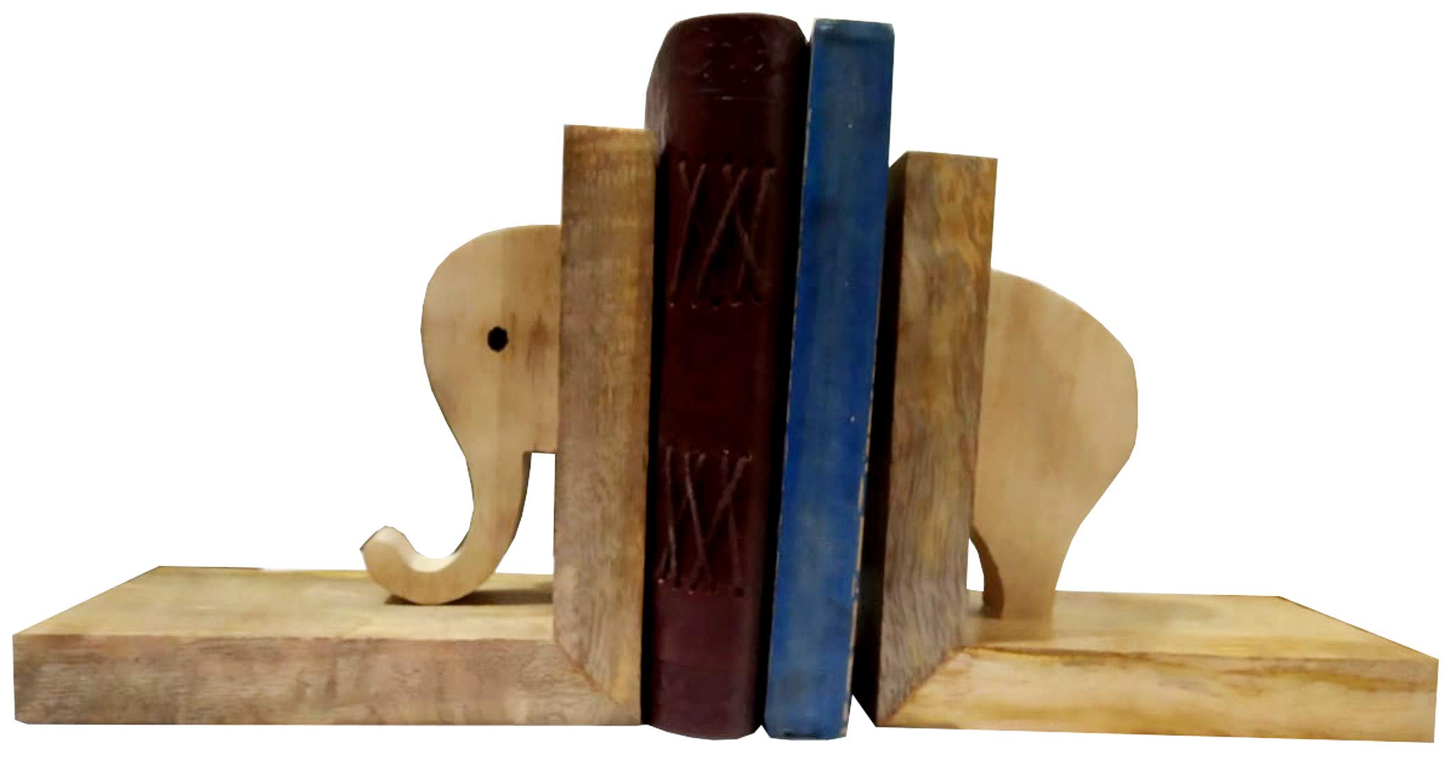 Purpledip Wooden Bookends Stand Holder Bookshelf Organizer 'Broken Elephant': Unique Decor Gift for Book Lovers (11964)