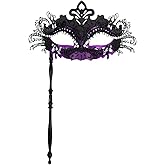 Pretishows Mardi Gras Masquerade Mask for Women Venetian Helding Stick Halloween Carnival Costume Masks Black/Purple