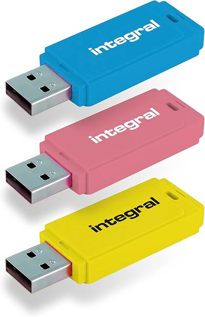 Integral 32GB Neon USB 2.0 Flash Drive 3-Pack Blue Pink Yellow