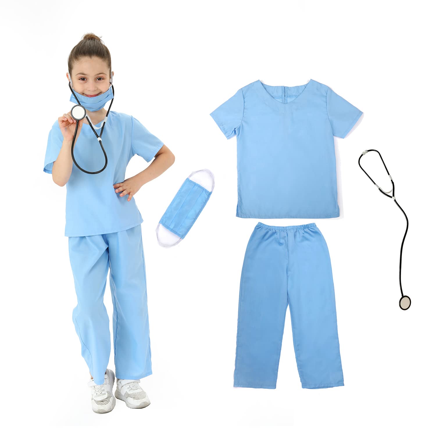 Wiclin Doctor Role Play Costume Blue Scrubs for Unisex Children With Top,Pants and Stethoscope.(XS 3-5 Years) — image 1