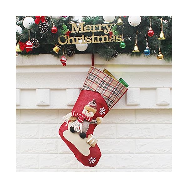 YAMUDA Christmas Stocking, 18" Set of 3 Santa, Snowman, Reindeer, Xmas Character 3D Plush with  Rustic Burlap Christmas Decorations and Party Accessory(Xmas-01) - Image 5