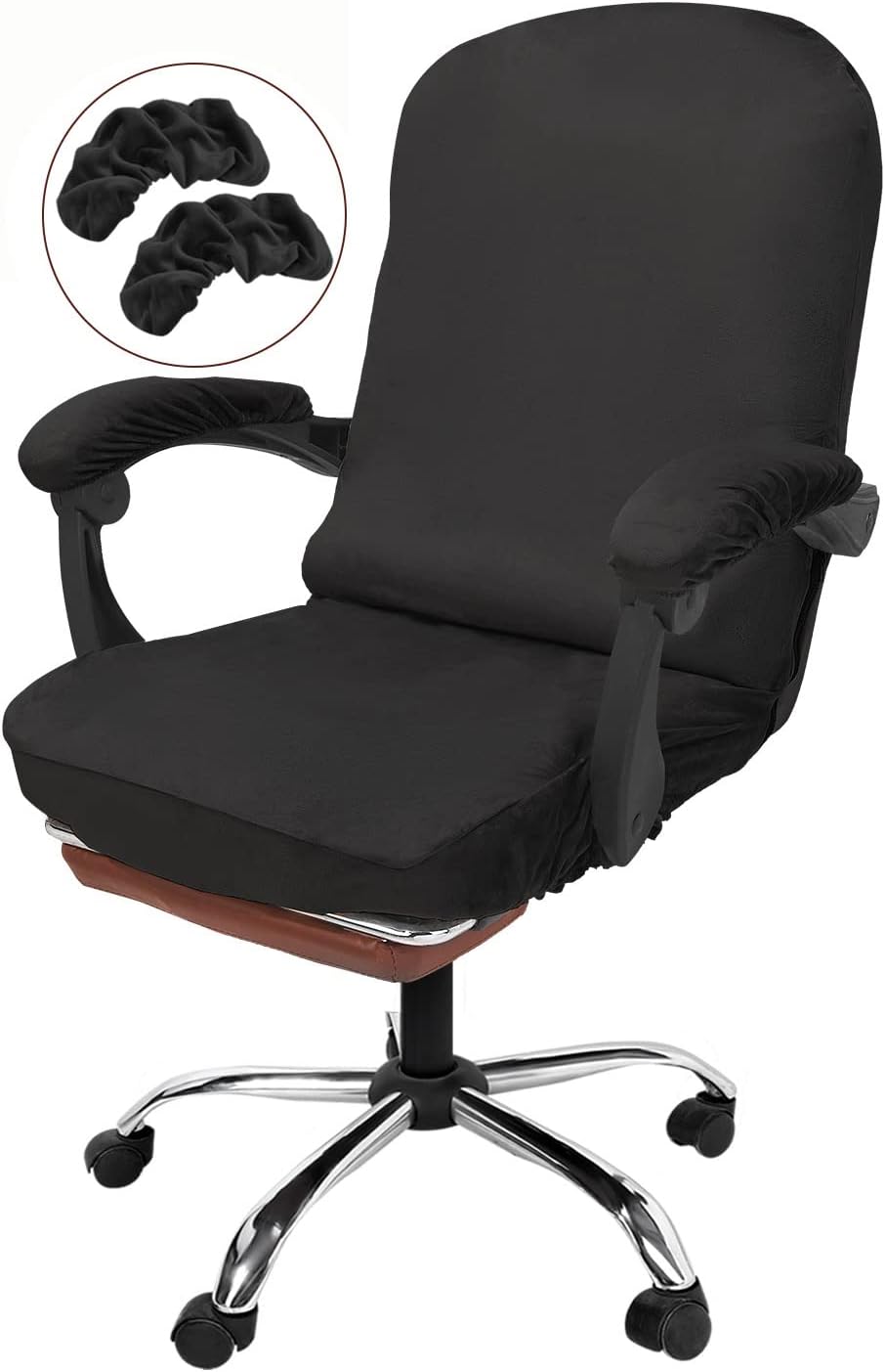Slipcovers - NeColorLife Office Chair Cover with Armrest Covers Velvet Computer Chair Cover Thick Stretchable High Back Desk Chair Covers for Universal Large Boss Rotating Chair,Black