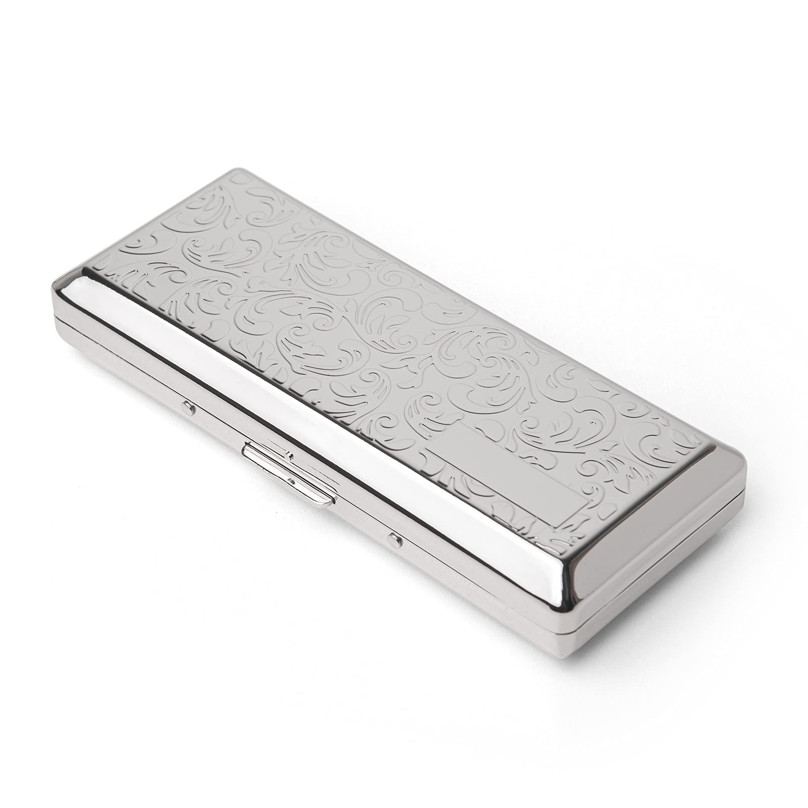 Metal Carry Cigarette Case, Double Sided Spring Clip,Holds 10 100mm Cigarettes (Vines Silver) โ image 1