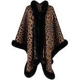 Women's Leopard Print Shawl Wraps Fur Collar Open Front Knitted Poncho Oversized Warm Cardigan Capes for Fall Winter