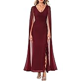 Lrady Women's Evening Gowns V Neck High Split Wedding Guest Cocktail Formal Party Maxi Dresses with Cape Sleeve