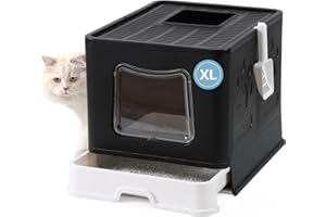 Bolux Foldable Cat Litter Box with Lid, Extra Large Litter Box with Cat Litter Scoop, Drawer Type Cat Litter Pan Easy to Scoop & Low Tracking (Black XL)