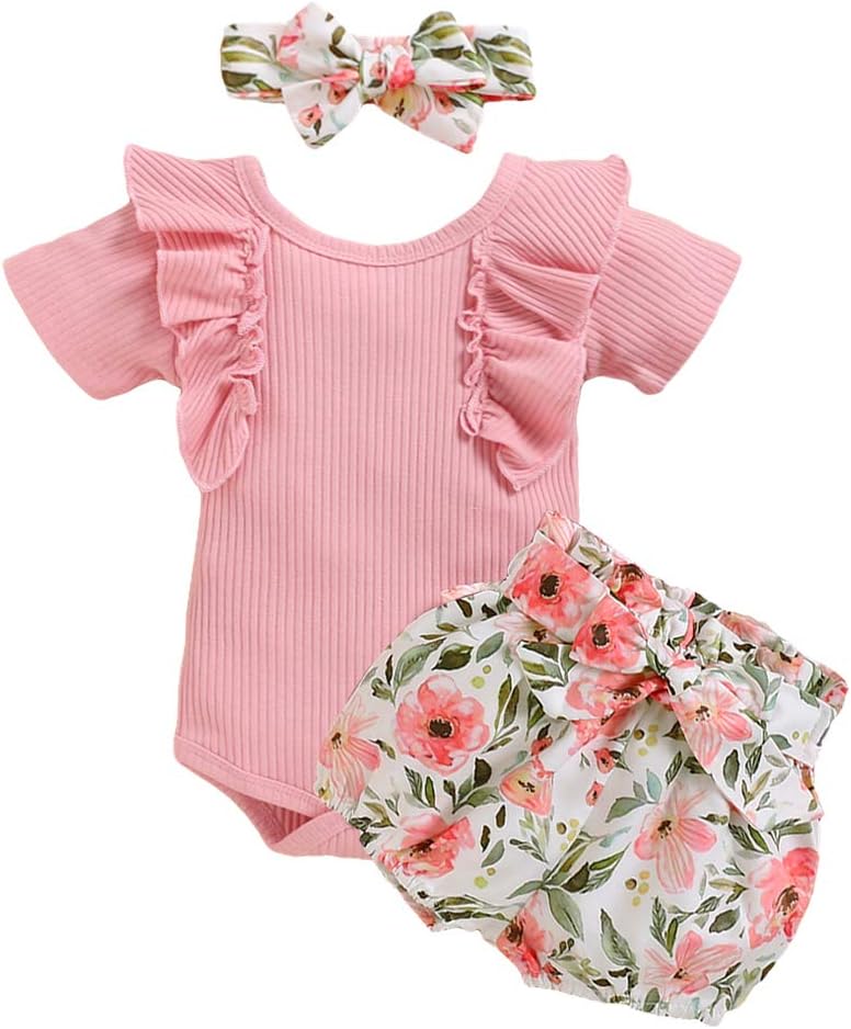 Newborn Baby Girls Clothes, Infant Kids Toddler Long/Short Sleeve Ruffle Romper Bodysuit and Floral Pants Set Outfits