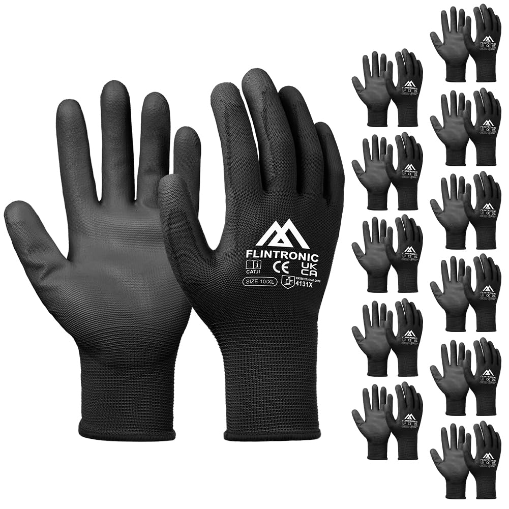 Flintronic 12-Pair Non-Slip PU-Coated Scratchproof Gloves for General Duty and Gardening (XL, Black)