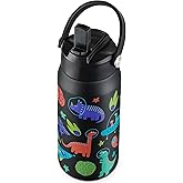OLDLEY kids Water Bottle - 18oz Insulated Stainless Steel - Wide Straw Lid, Non Spill, Leakproof, Kids Water Bottle for School,Space Dinosaur