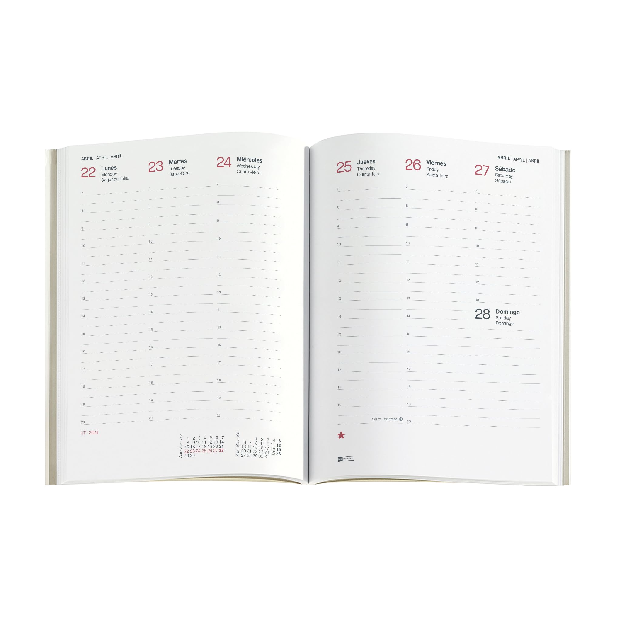 Miquelrius - 2024 Annual Diary Refill, Vertical Week View, Plus Size 155 x 213 mm (Similar A5), Spanish, Portuguese and English