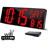 XREXS Large Digital Wall Clock WiFi Sync, 16.5 in Large Display Wall Clock with Temperature/Date/Week, LED Big Digital Timer Clock with Remote Control, Alarm Clock for Home and Office, Auto-dimming