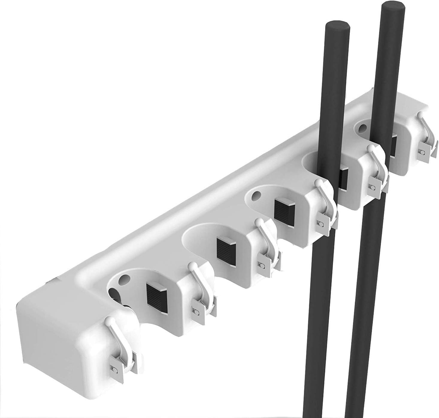 Stoppwerk Mop Holder - 5 Hooks and 6 Quick Releases - Broom Storage, Organiser Rail, Utility Bracket - Brush Holder Wall Mounted