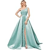 One Shoulder Sequin Prom Dress 2025 with Detachable Satin Ball Gown Sparkly Formal Evening Gowns for Women with Cape