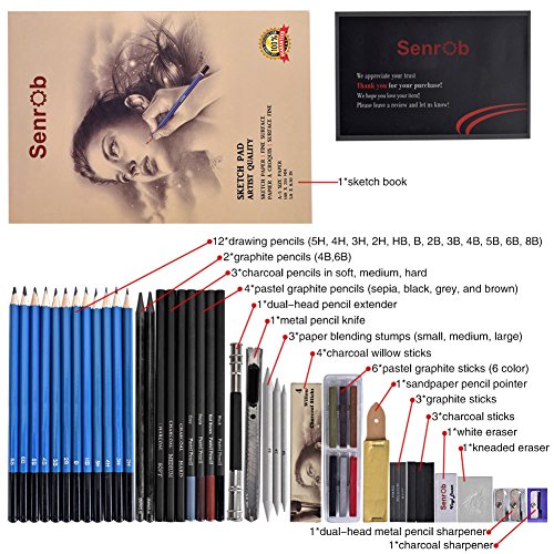 Senrob 48 Pcs Sketch& Drawing Pencil Set with Graphite& Charcoal Pencils, Erasers, Craft Knife, Sketch Book, Zippered Carry Case, Professional Art Kit for Artist, Beginner, Student, Kids & Adults - Thumbnail 3