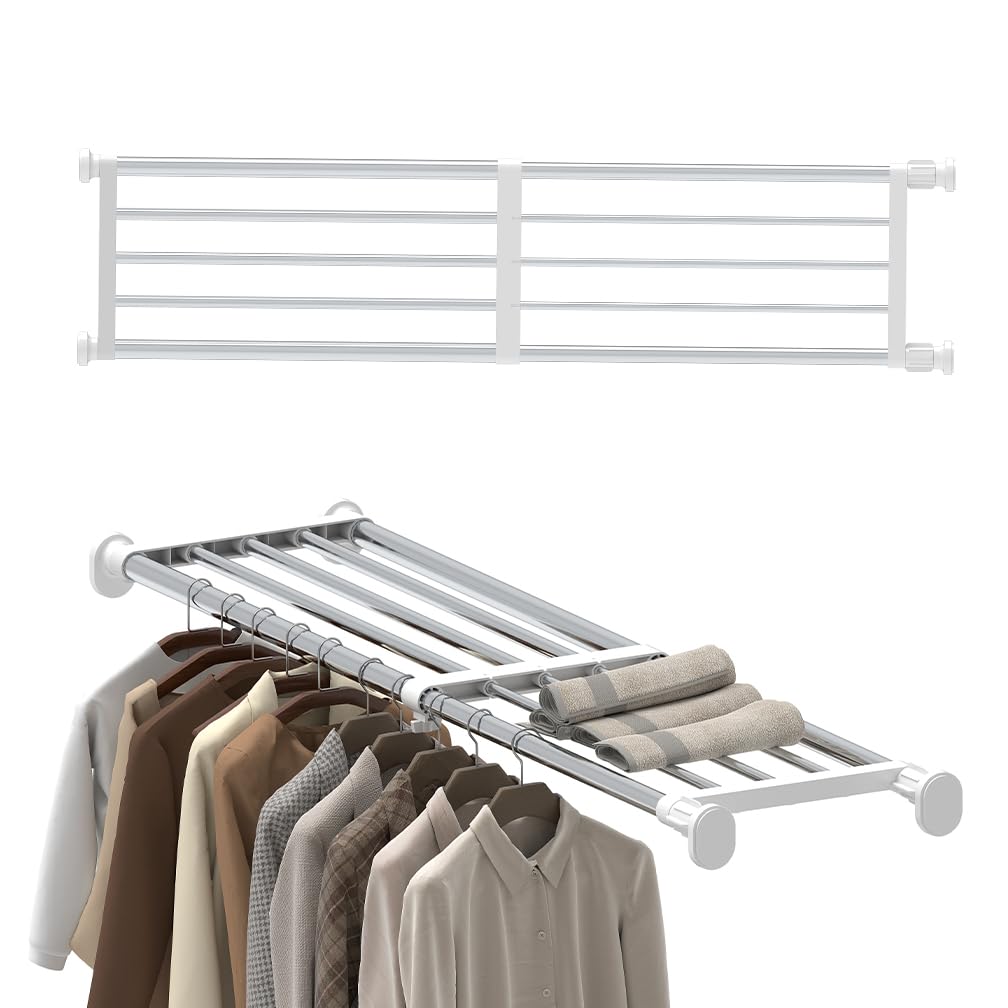 Hershii Tension Shelf Expandable Rod Closet System Heavy Duty Clothes Hanger Adjustable DIY Garage Bathroom Kitchen Storage Organizer Shoe Rack, Plant Stand, Bookshelf