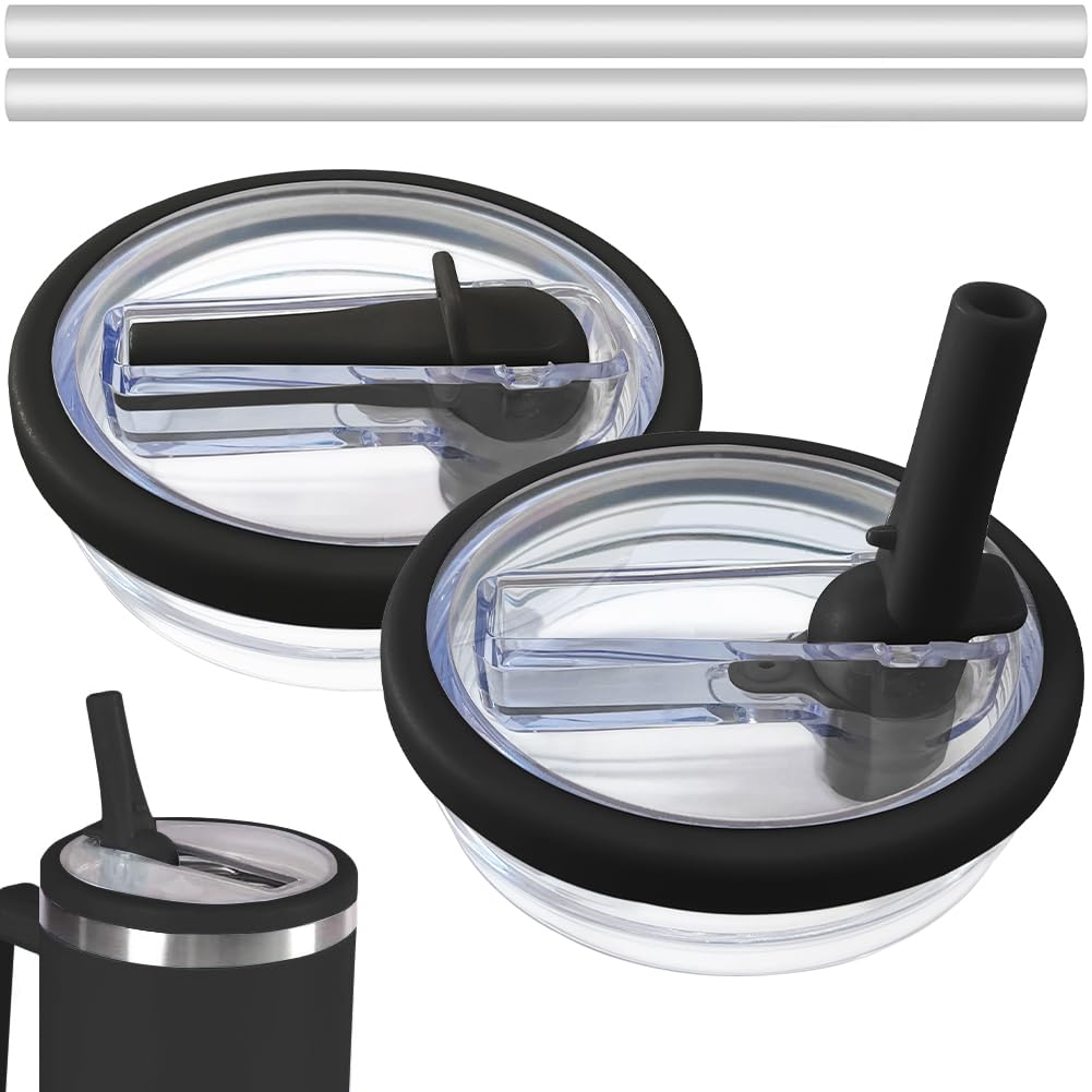 Photo 1 of 2 Pack Flip Straw Leak Proof Lid for Stanley 40 oz Tumbler Quencher - Reusable Spill Proof Lid Top Cover Stanley 40oz Cup Accessories - Replacement of Leaking Original Stanley Lids - Black
