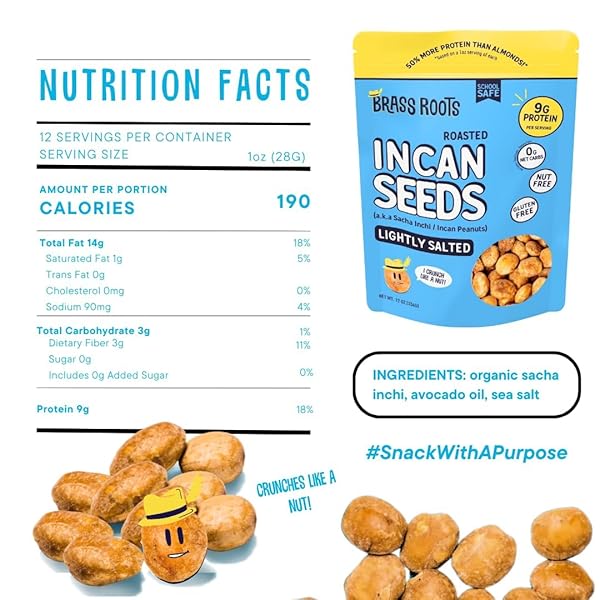 BRASS ROOTS ORGANIC ROASTED SACHA INCHI SEEDS, LIGHTLY SALTED | KETO, PALEO, ALLERGEN FREE, LOW FODMAP (12 OZ, PACK OF 1), SEEN ON SHARK TANK