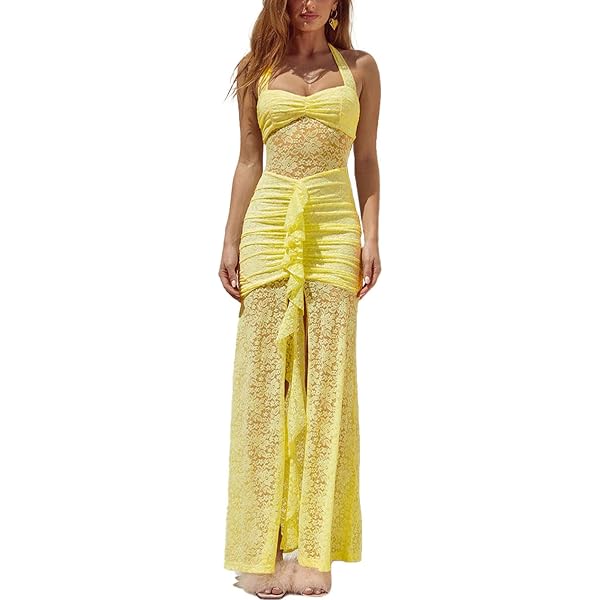 lemon mesh lace boob tube dress Lyvoria | Lemon Bandeau Maxi Dress With Mesh-Detail And Scarf