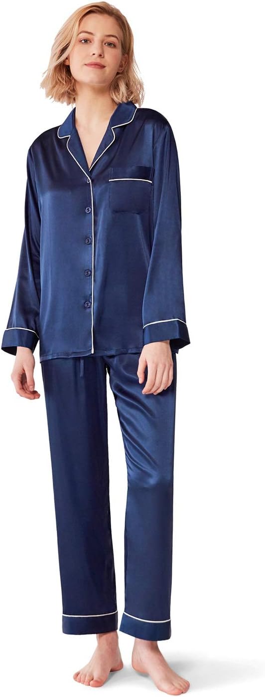 SIOROSilk Satin Pajamas Women, Long Sleeve Silk Pjs for Women Set, Two-piece Button-Down Sleepwear, Small~X-Large