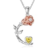 OCJ Moon Birthstone Necklace 925 Sterling Silver Rose Flower Pendant Necklace with Heart Birthstone Jewelry Birthday Christmas Gifts for Women Her Wife