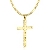 VULETO Cross Necklace for Men Boys - Hammered Cross Pendant with Cuban Chain Unique Crucifix Necklaces Christmas Christian Religious Jewelry Gifts 22+2 Inches
