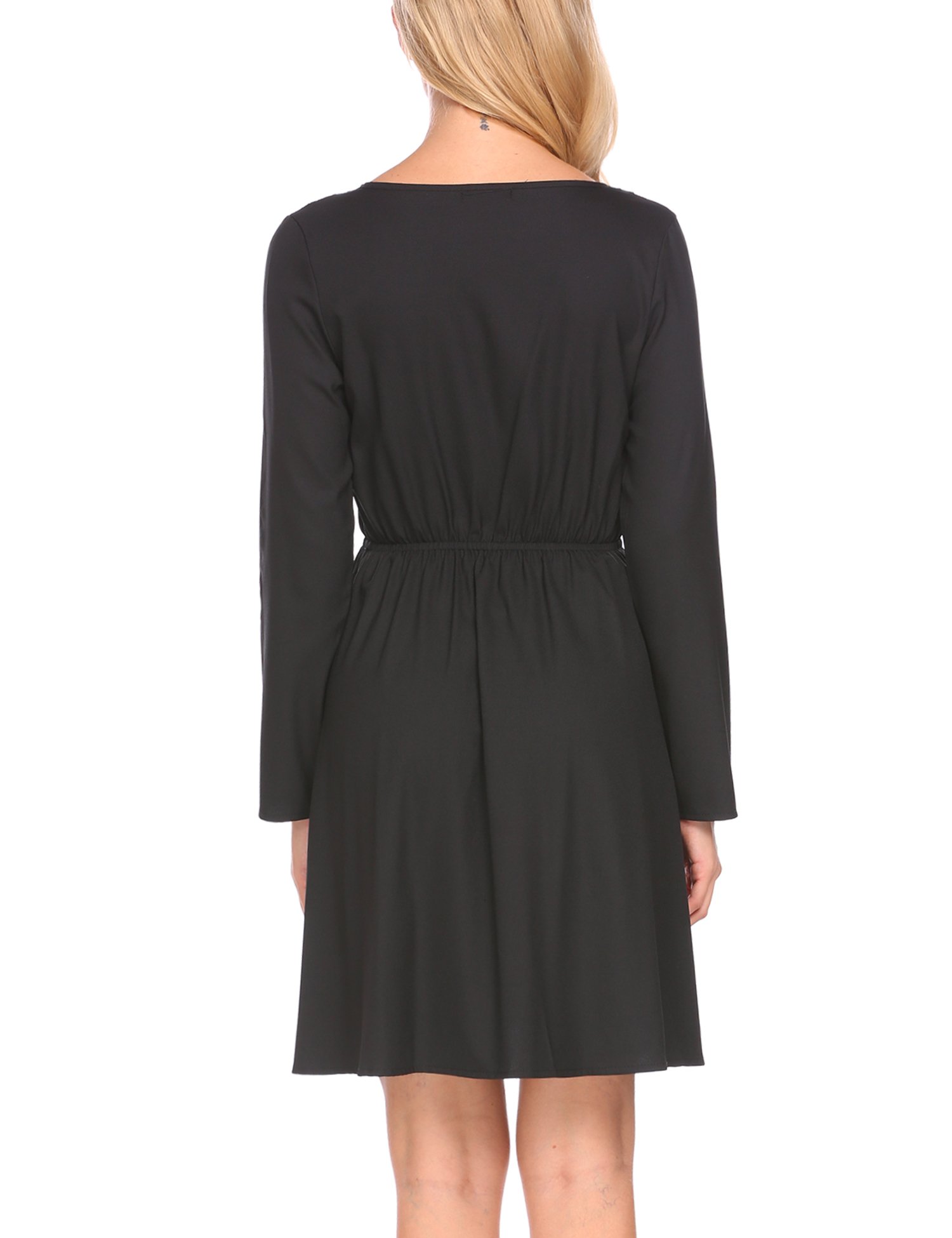 SE MIU Women Casual V Neck Long Sleeve Solid Waist Ruched Pleated Mini Dress,Medium,Black
