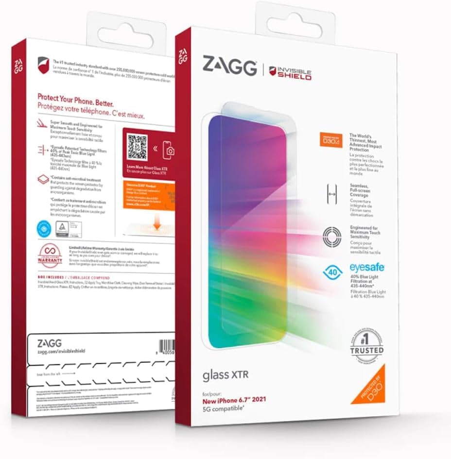 ZAGG InvisibleShield XTR Glass Screen Protector with D3O for iPhone 17e / 16e / 14/13 / 13 Pro – Scratch & Impact Resistant, Touch Sensitive, Gaming Optimized, Blue Light Filtration – Clear