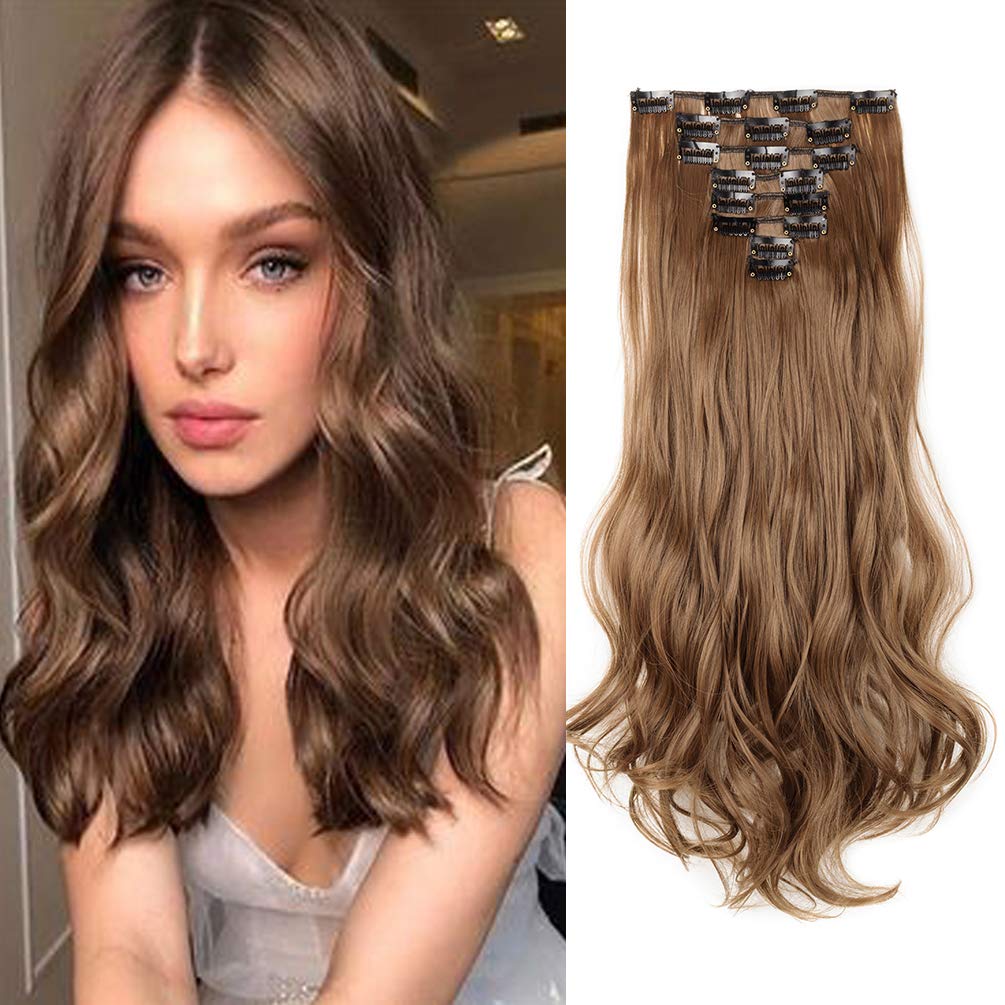 Clip in Hair Extensions 8Pcs 18 Clips Thick Clip on Synthetic Hair Extension Hairpieces for Full Head 17" Curly Light Brown — image 1