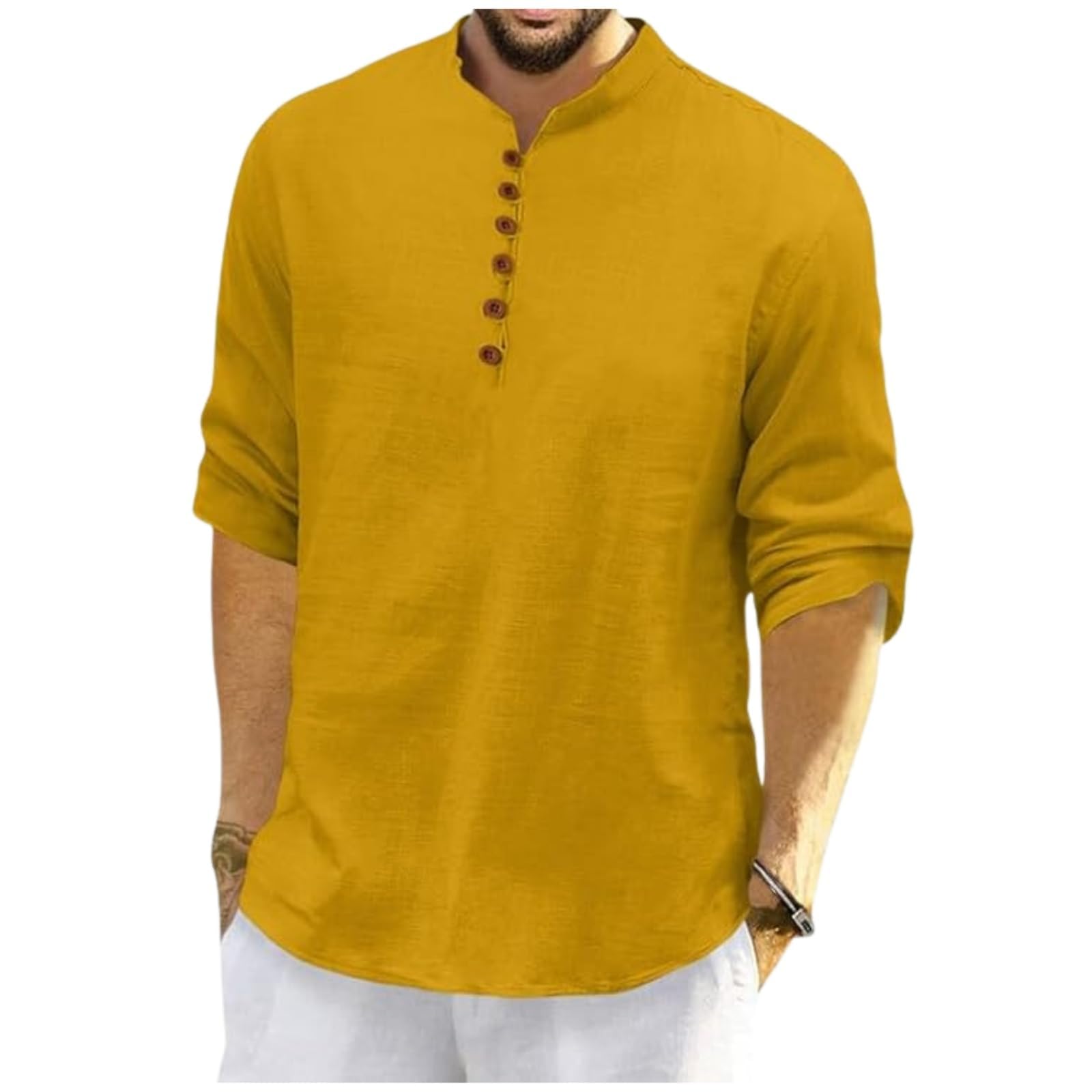 ROYALSCOUT Men's Cotton Polyester Blend Solid Regular Fit Full Sleeve Short Kurta Gold