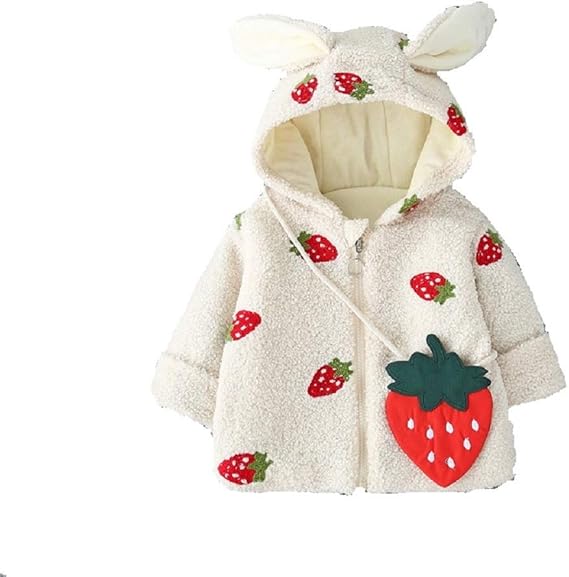 Amazon Co Jp ベビー服 子供服 女の赤ちゃん 長袖 ジャケット うさぎ耳 パーカーコー ト秋冬 かわいい イチゴ柄 プラスベルベット 暖かい 苺カバン付き 服 ファッション小物